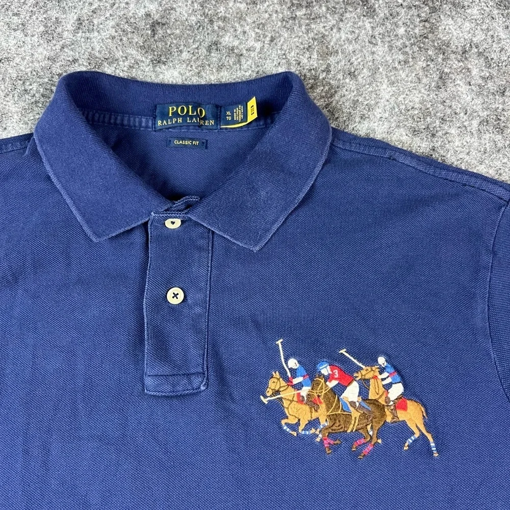 Vintage Polo Ralph Lauren Men's Classic Fit Tripple Pony Polo Shirt Navy Size XL